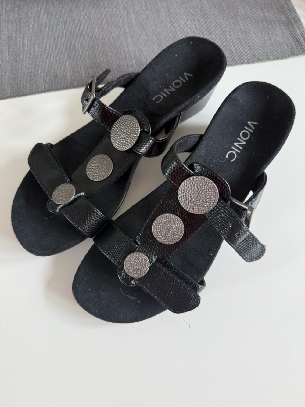 Vionic Black Textured Slide Sandals with Silver Accents